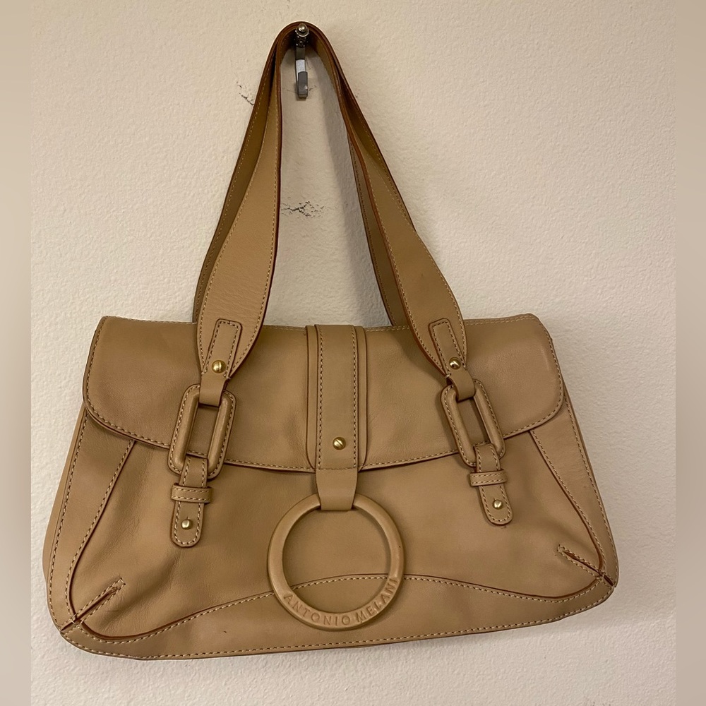Antonio Melani Beige Vegan Leather Shoulder Bag Liner Orange Inside Divisions
